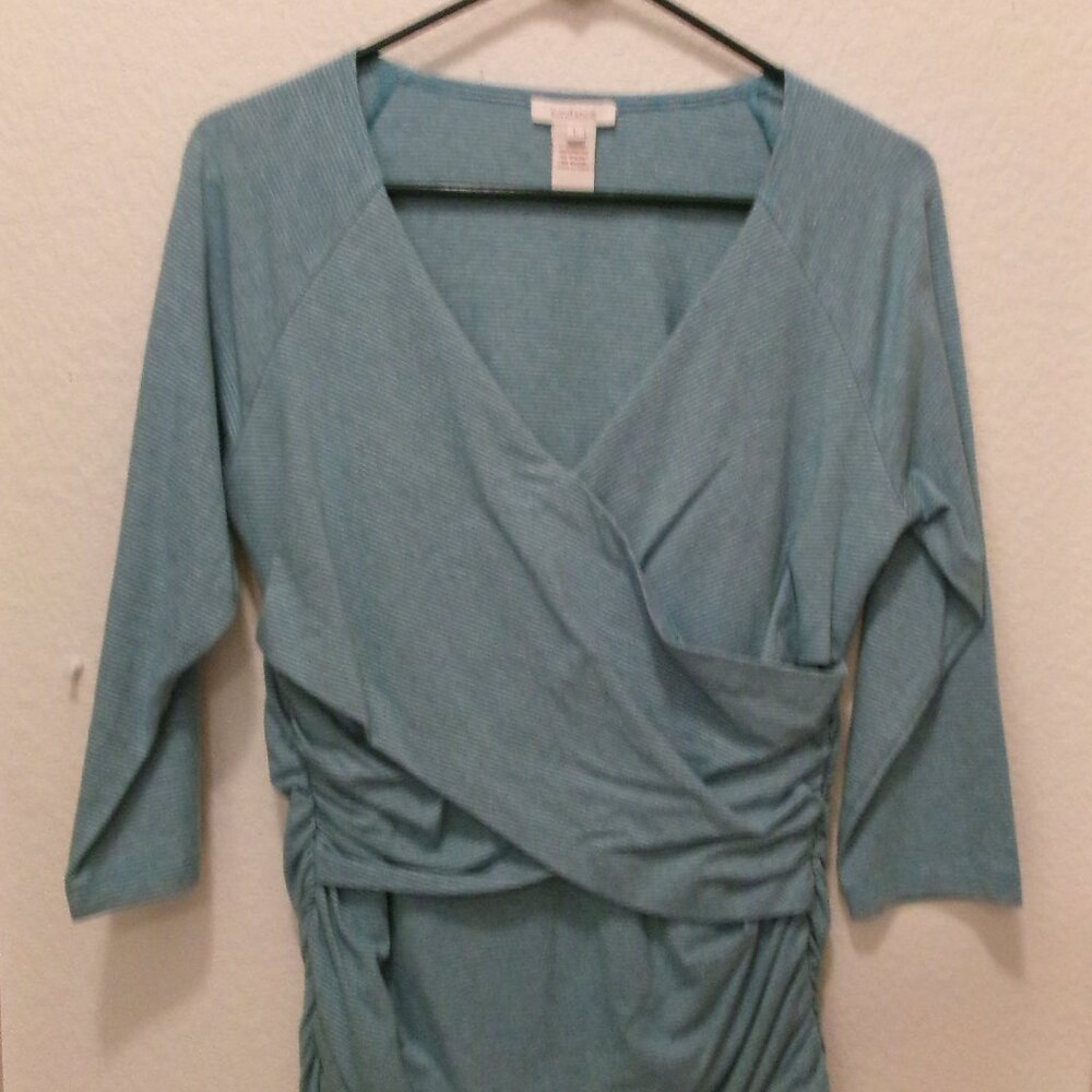 NWOTS, SUNDANCE BRAND, SIZE L, TEAL/GRAY STRIPED,  3/4 SLEEVE, RAUCHED TEE,